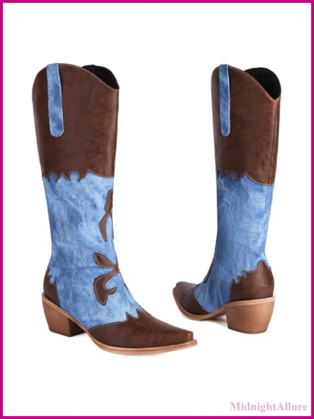 Womens Patchwork Denim Cowboy Boots Knee High Pointed Toe Chunky Heel